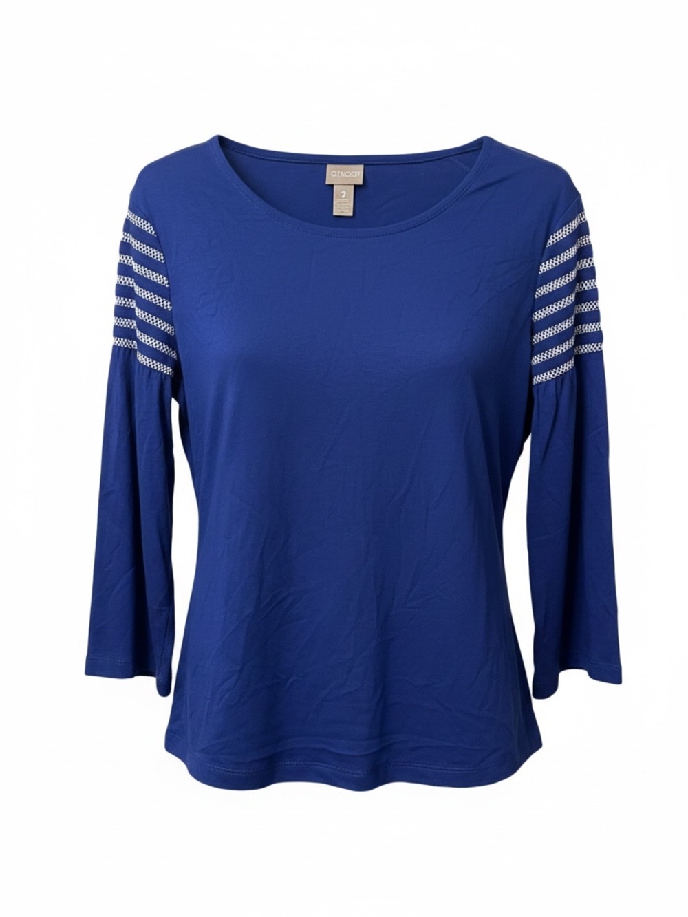 Chicos  Women’s Royal Blue Scoop Neck 3/4 Sleeve Top w/Crochet Detail Size 2( L)